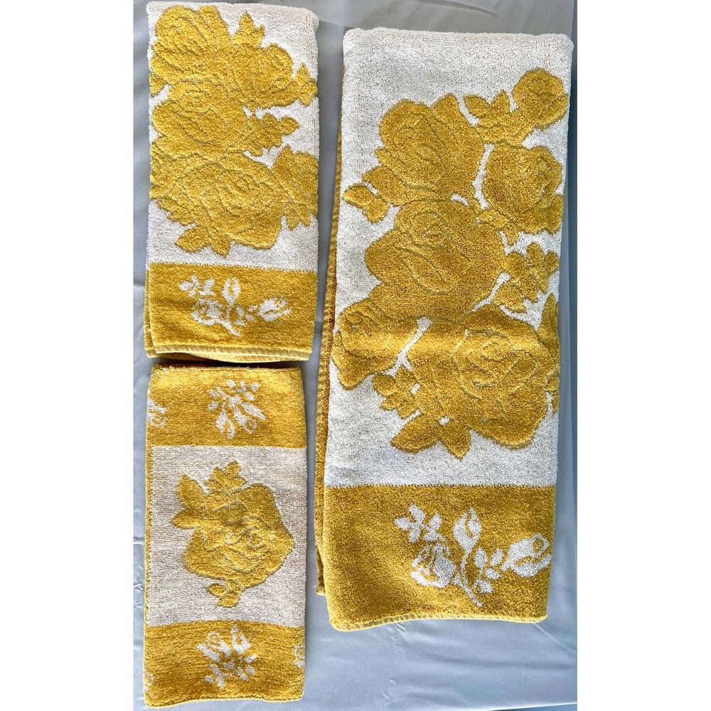 Set of 3 Vintage Cannon Monticello Sculpted Yellow Rose Towels Floral Cotton USA